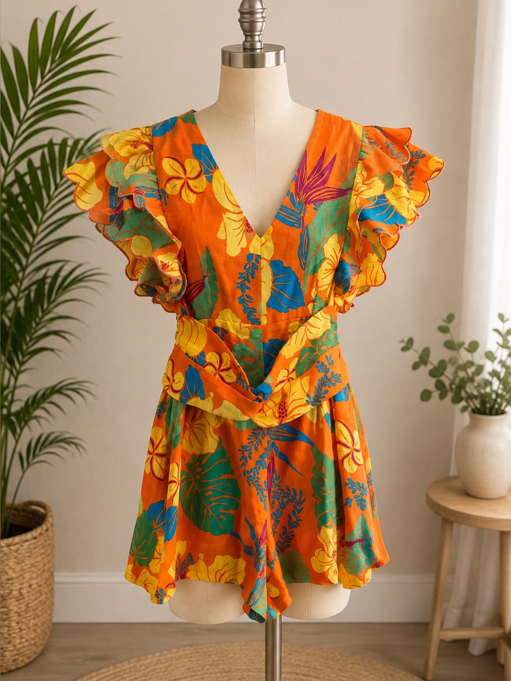 Tropical Orange Floral Ruffle Romper